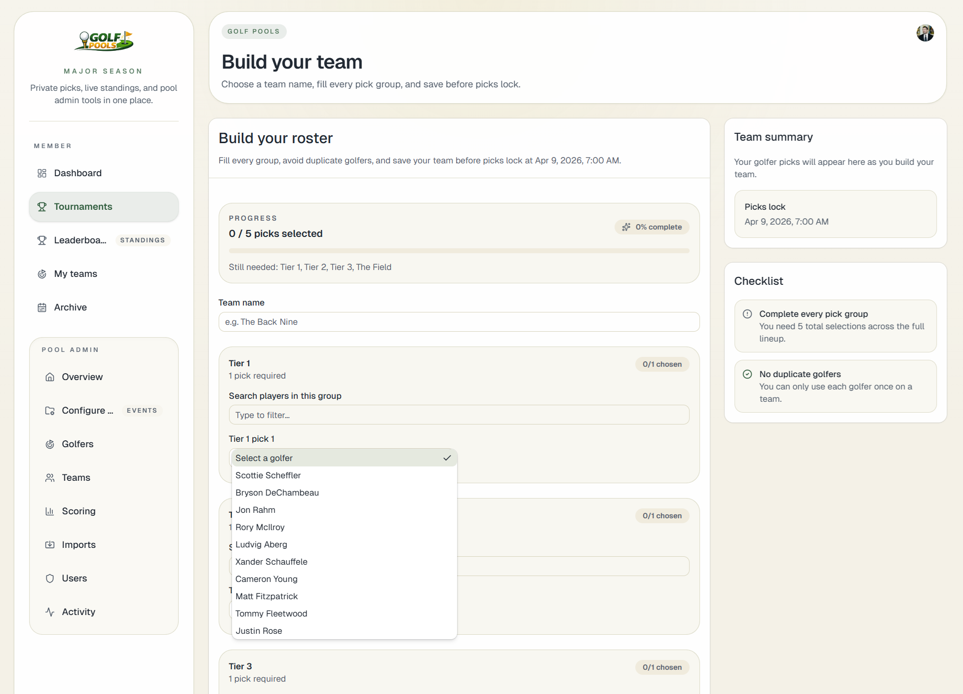 Golf Pools team builder screen for selecting a roster
