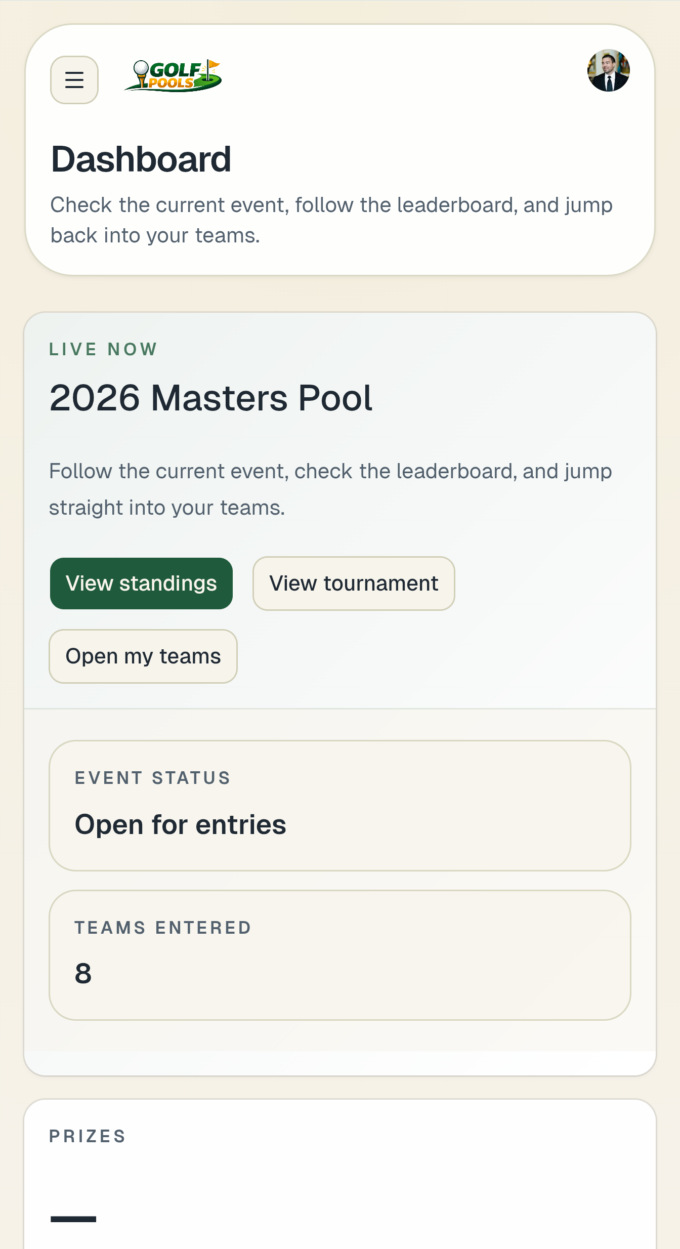 Golf Pools mobile dashboard screen