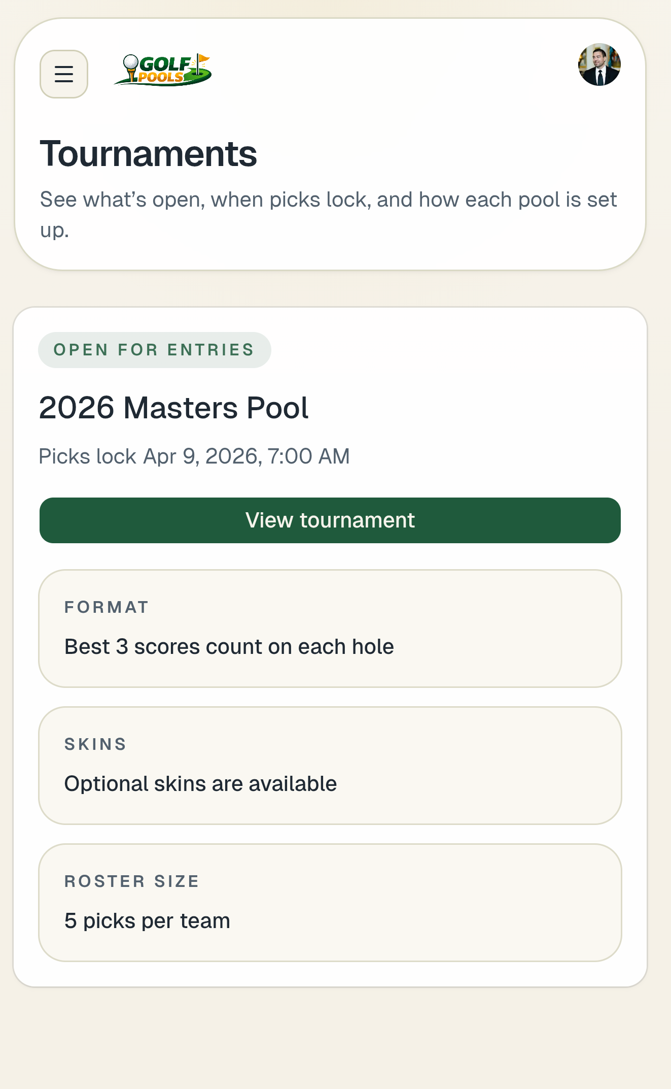 Golf Pools mobile tournaments screen